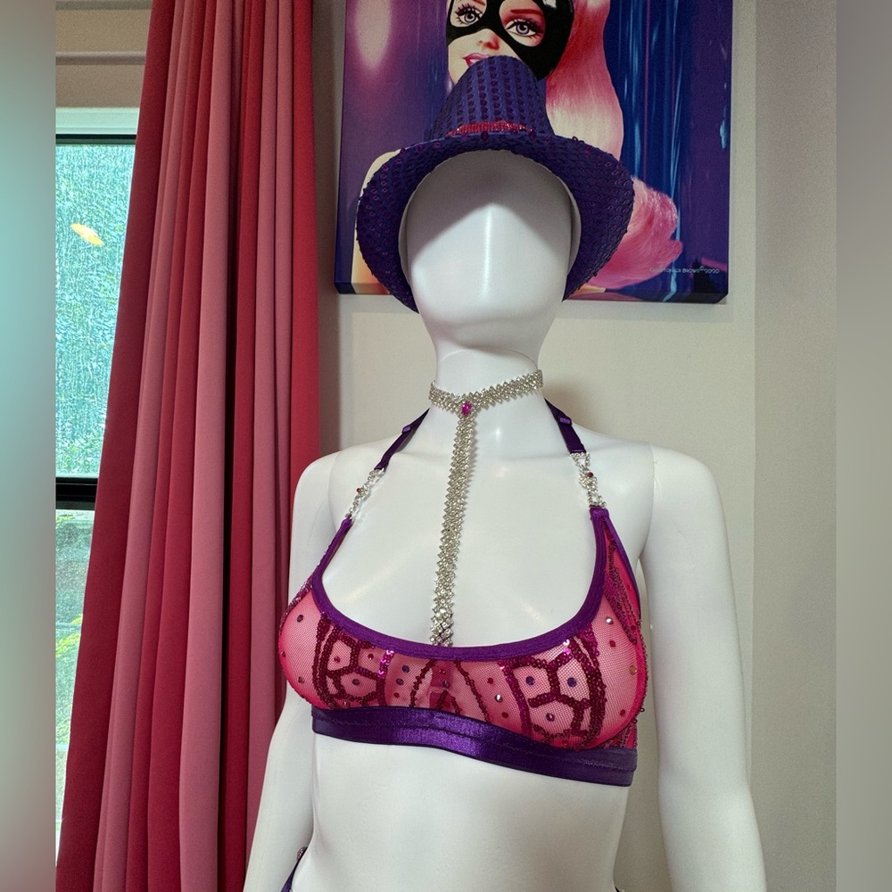 Pink & Purple Sequin Rhinestone Burlesque 5 Piece Lingerie Set XS/XS Hand Sewn - Picture 14 of 17